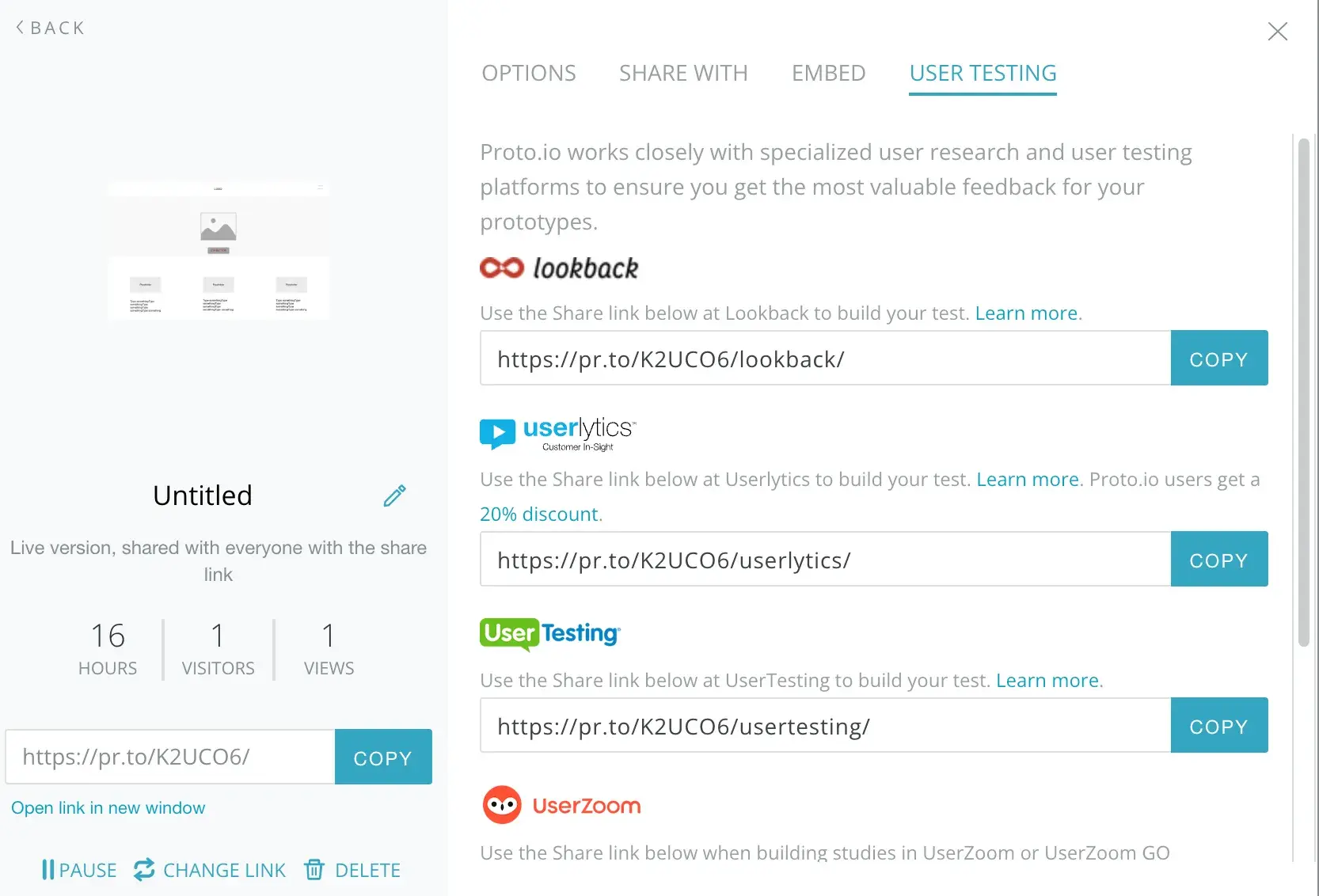 user testing links available in proto.io, including lookback and userlytics