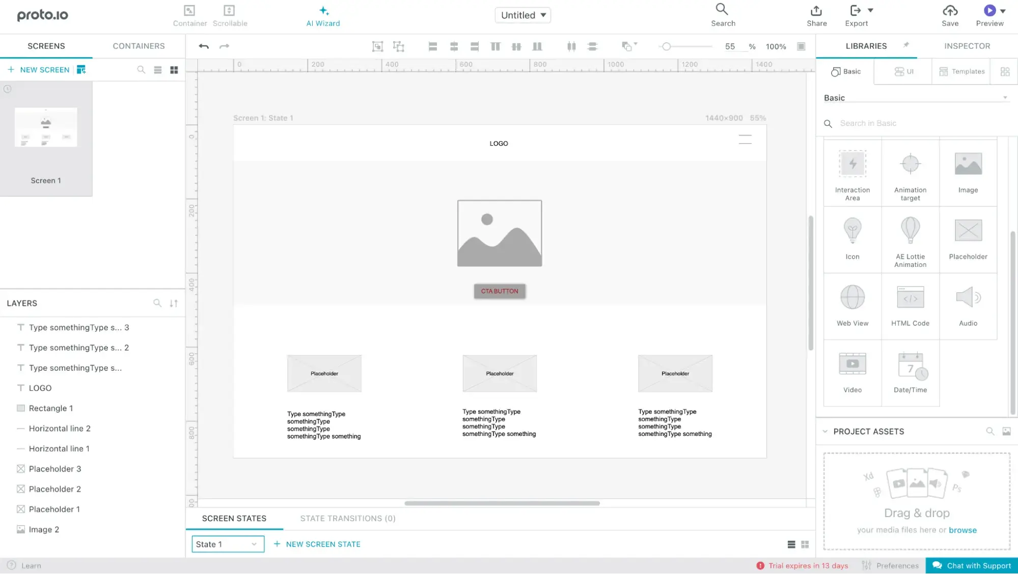 a website wireframe built in proto.io
