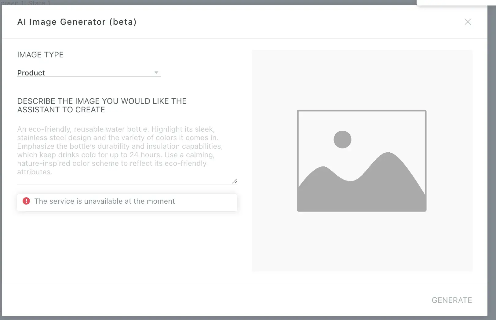 proto.ios ai image generator (beta) with an error message that states, the service is unavailable at the moment