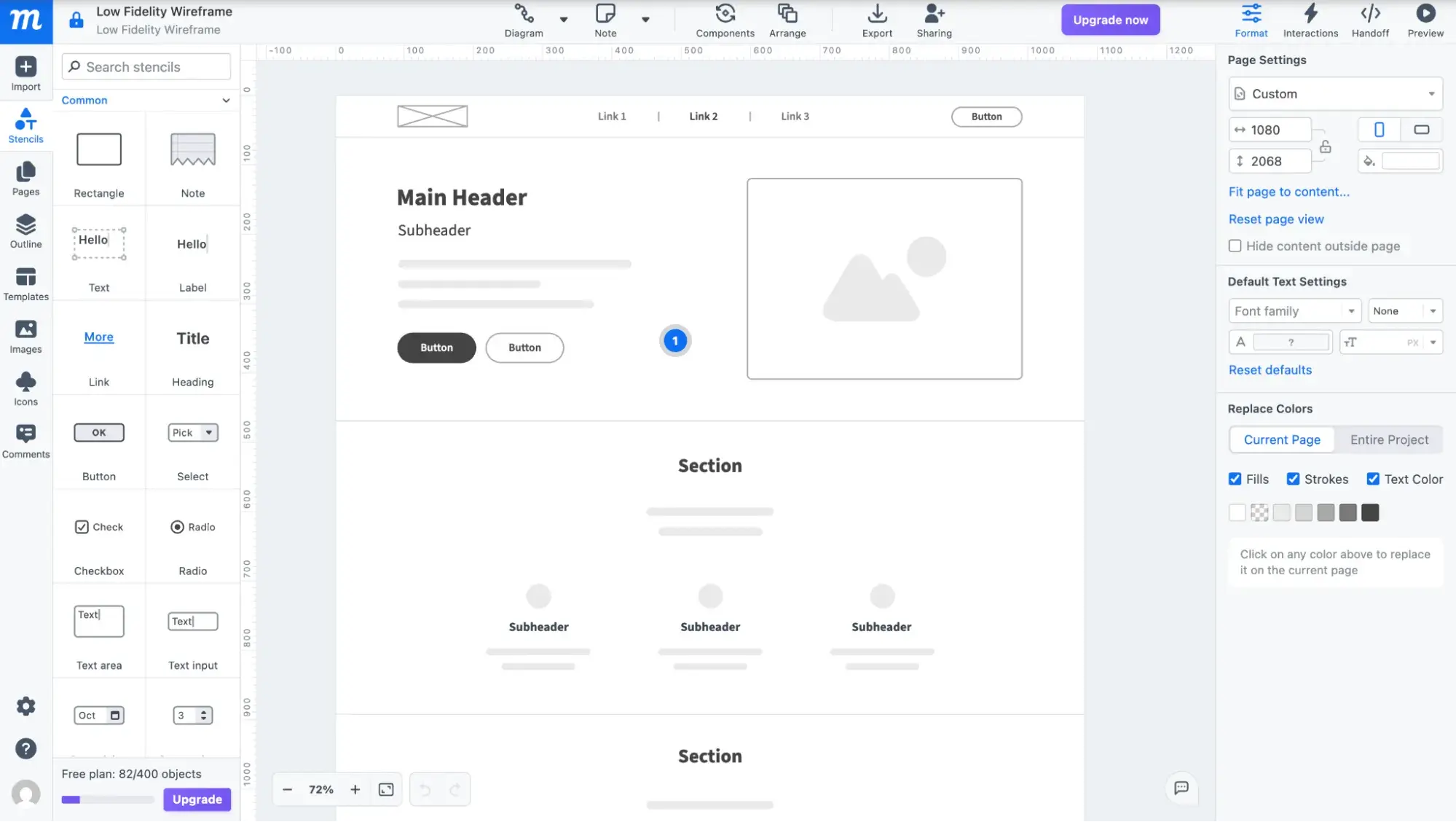 a website wireframe inside of moqups