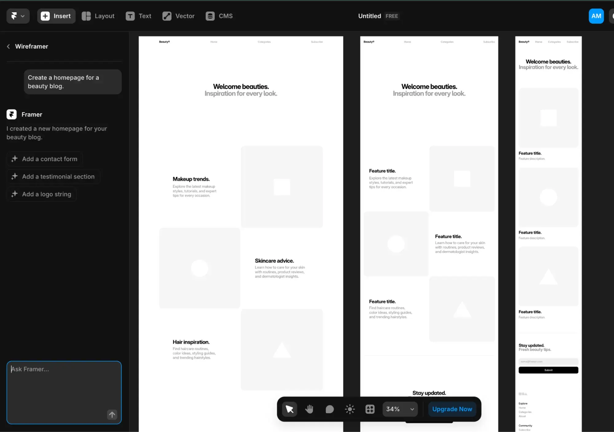 ai-generated wireframes within framer