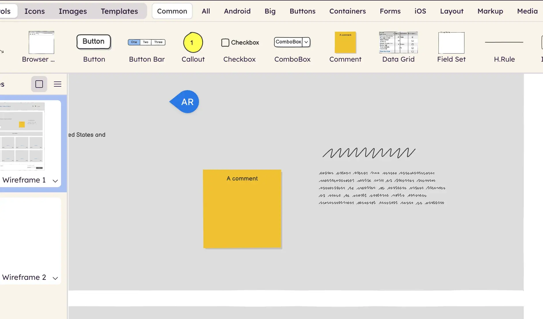 balsamiq wireframing tool with sticky note on the wireframe