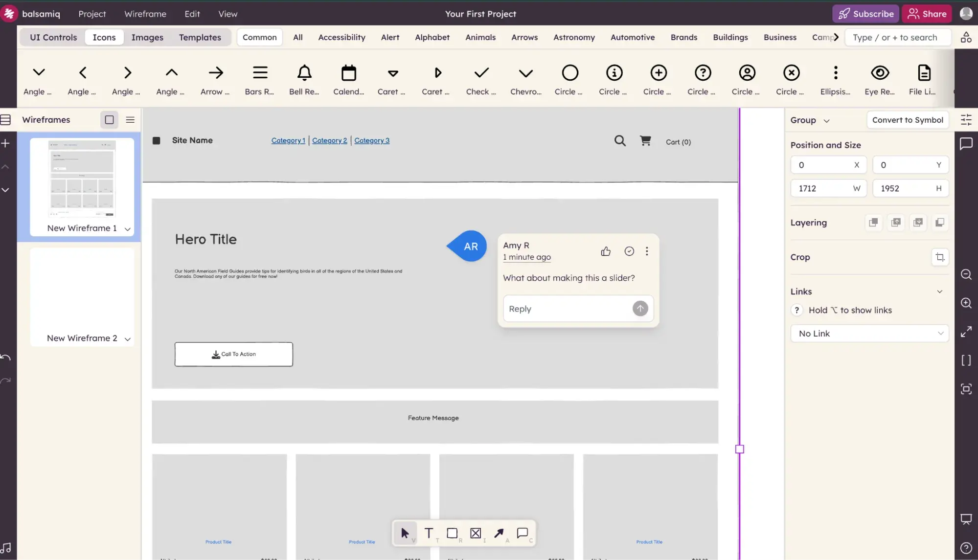 balsamiq wireframing tool with a comment on the hero section of a wireframe
