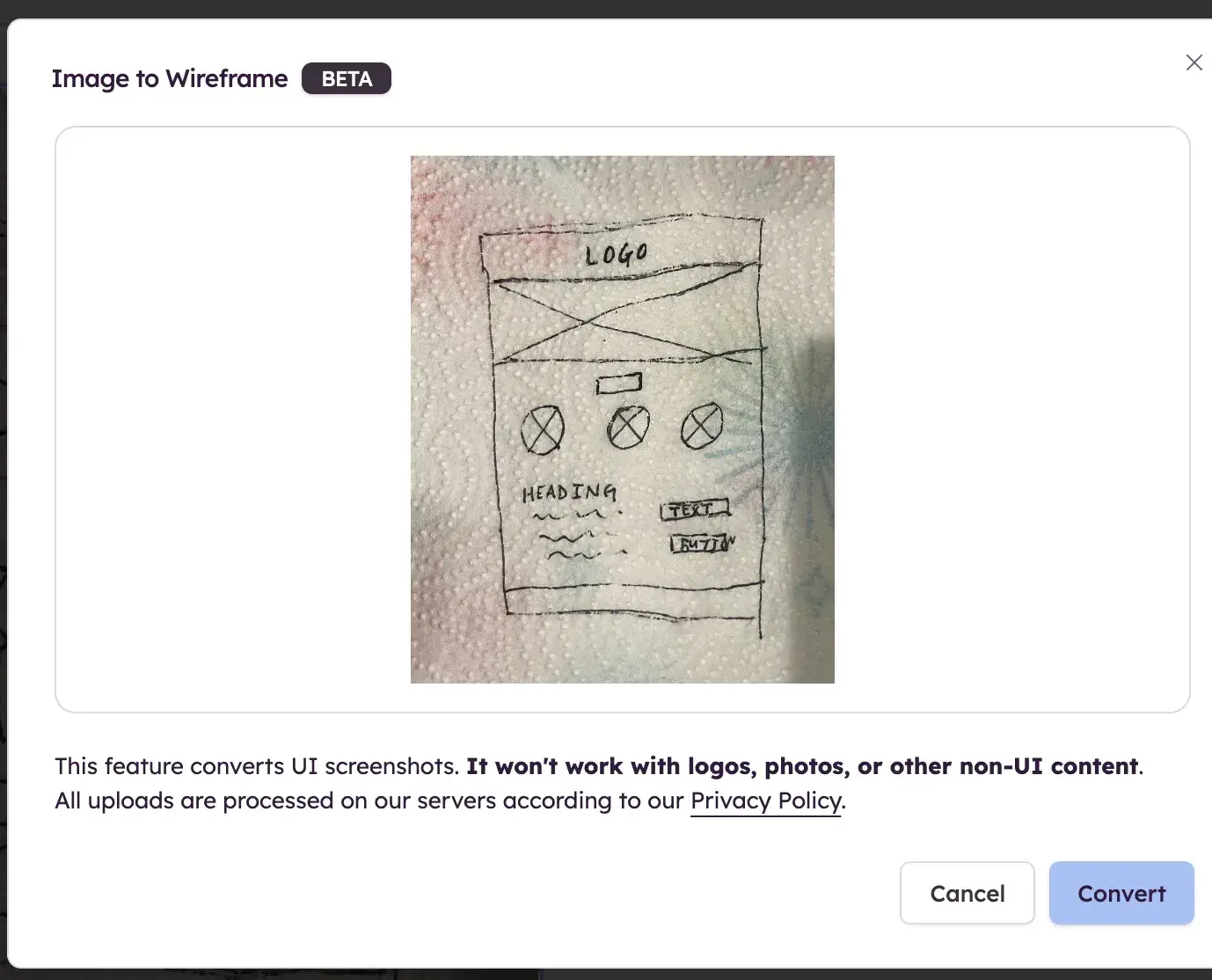 balsamiqs image to wireframe (beta) tool with an uploaded image of a website wireframe sketched onto a paper towel