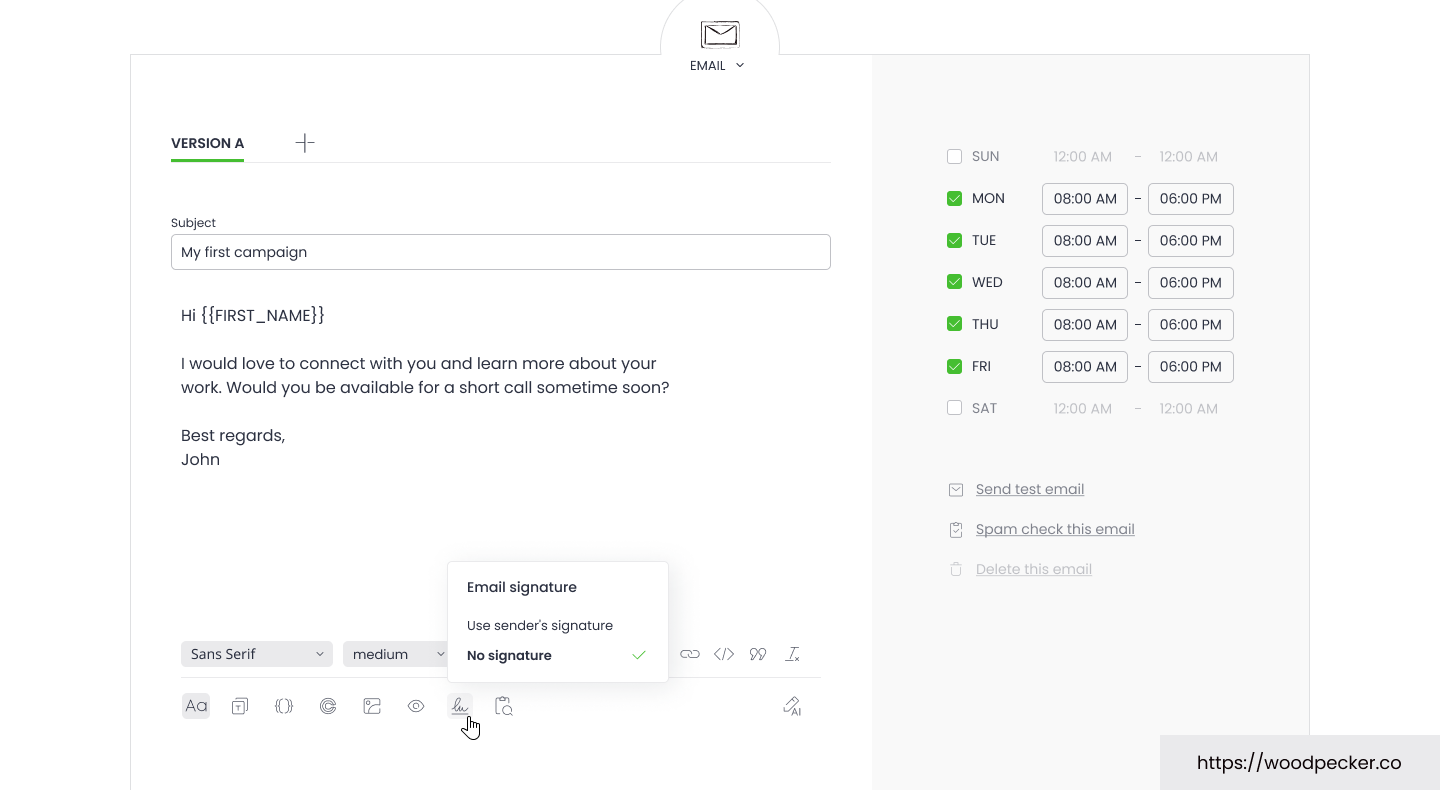 Screenshot of the Woodpecker email editor, showing options for creating and personalizing email campaigns with automated follow-ups and templates.