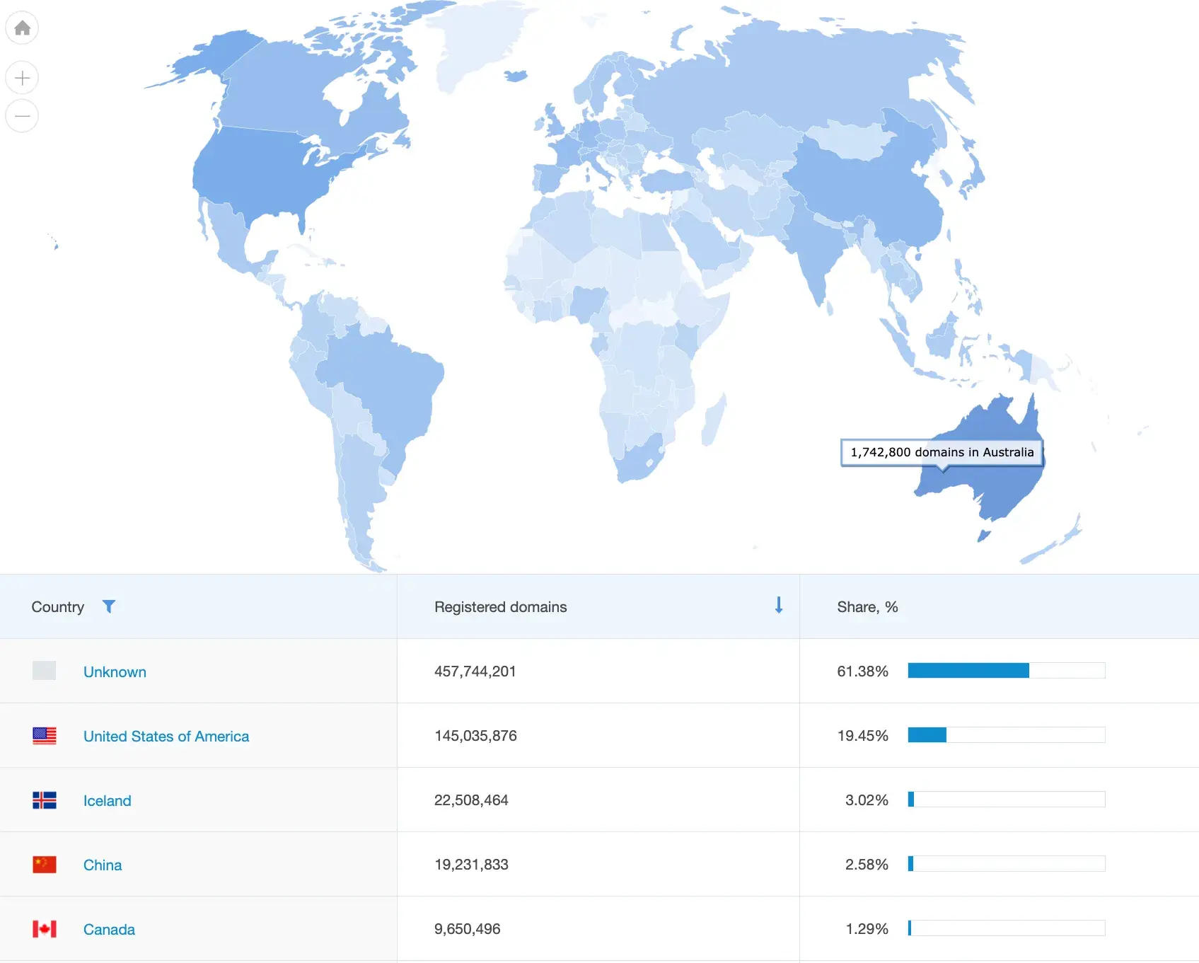 map showing the distribution of domain name registration by country