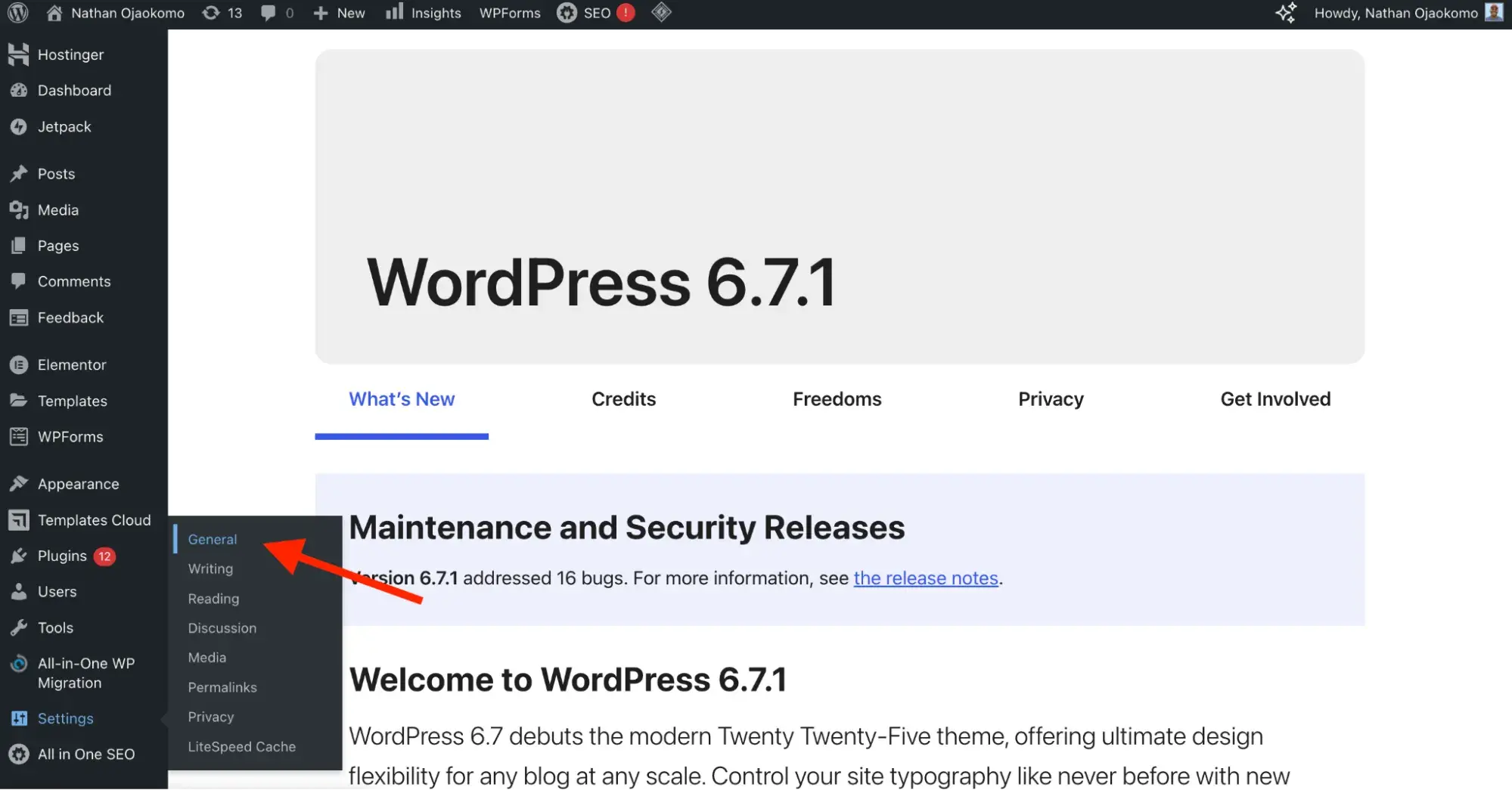 navigation to general settings in the wordpress dashboard