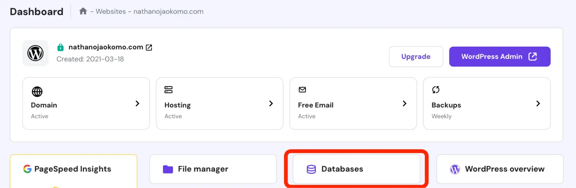 hostinger web hosting dashboard with databases category highlighted