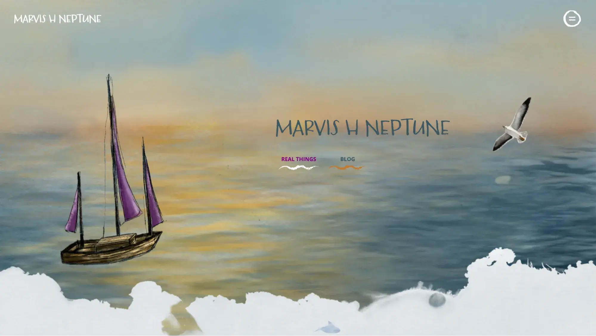 Marvis H Neptures website showing a boat at sea and a seagull flying overhead