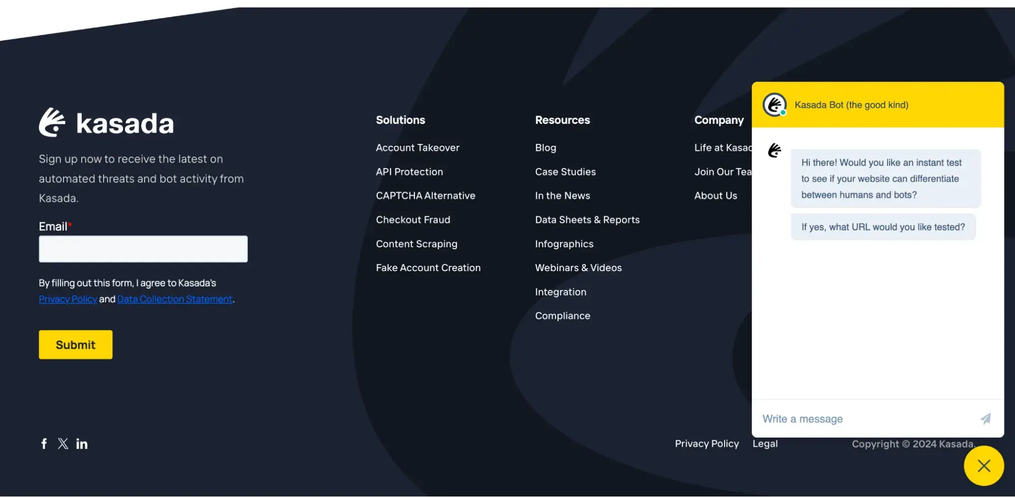 Kasadas website footer, which shows an email signup form and popup chatbox
