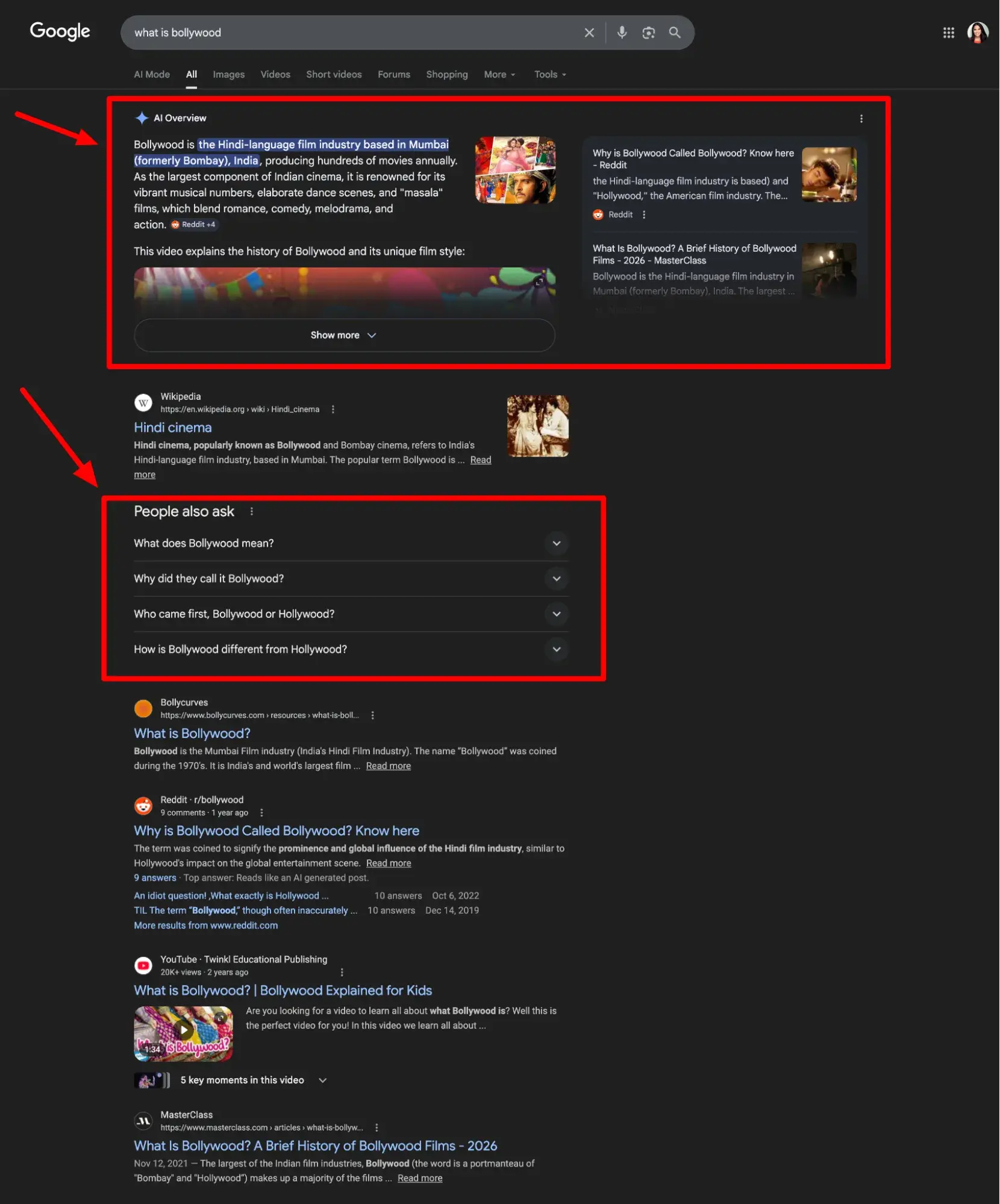 zero click search features on query “what is bollywood”, ai overview, people also ask box