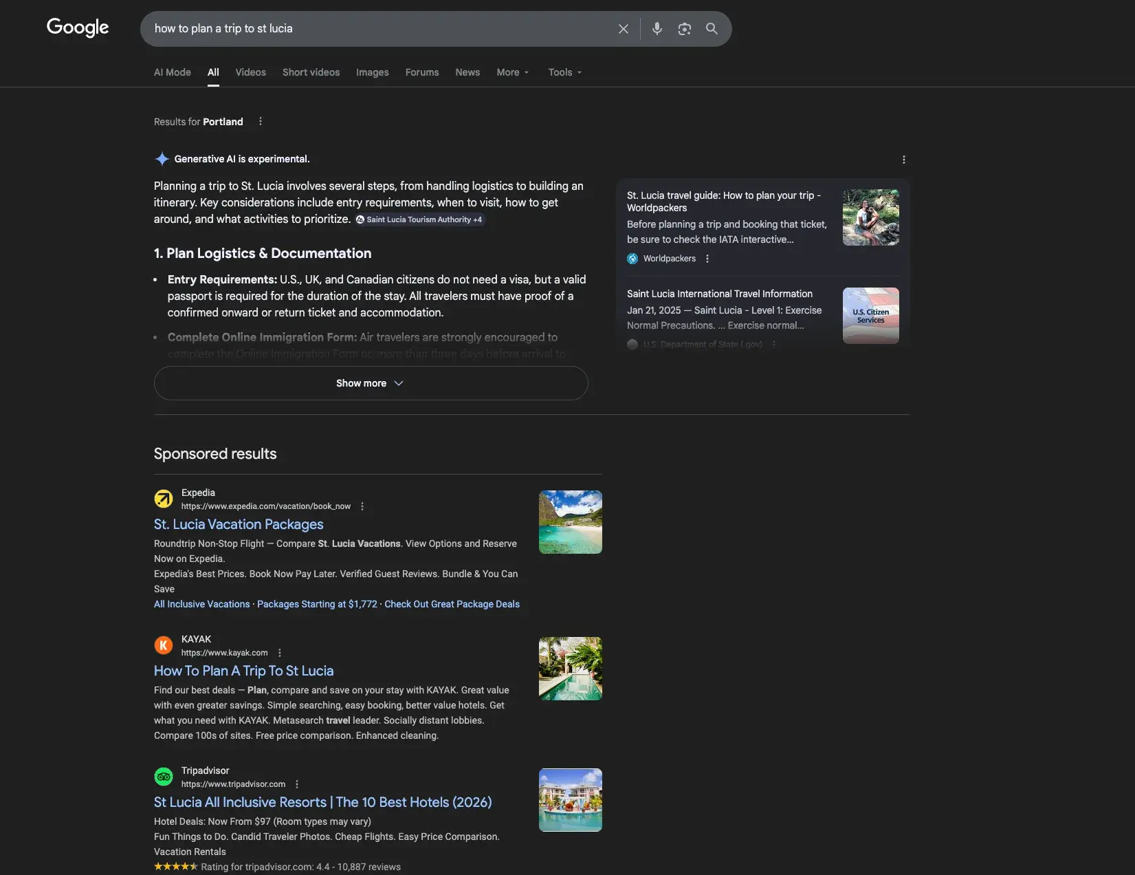 zero click search results for “how to plan a trip to st lucia”