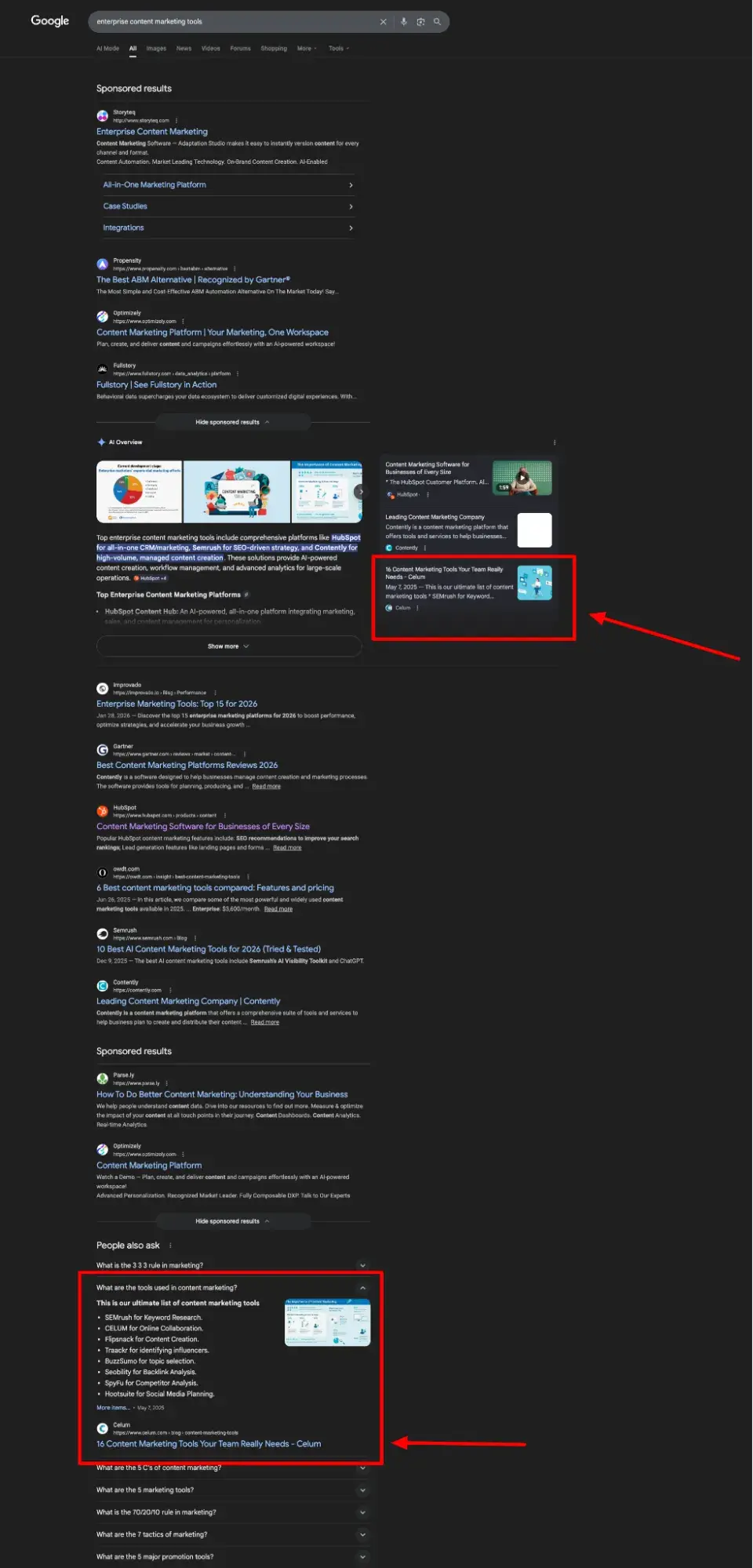 zero click search results for “enterprise content marketing tools” showing paa and ai overview
