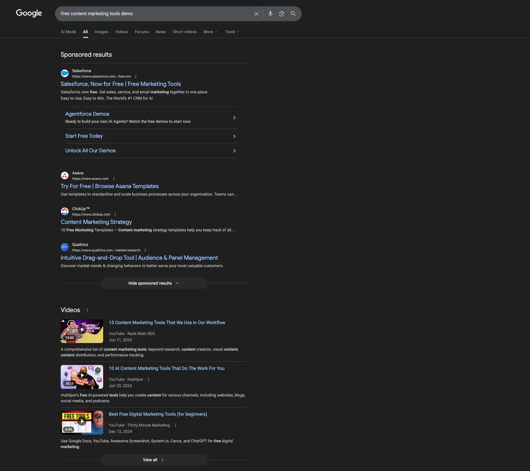 no zero click search results for conversion-focused “free content marketing tools demo” query